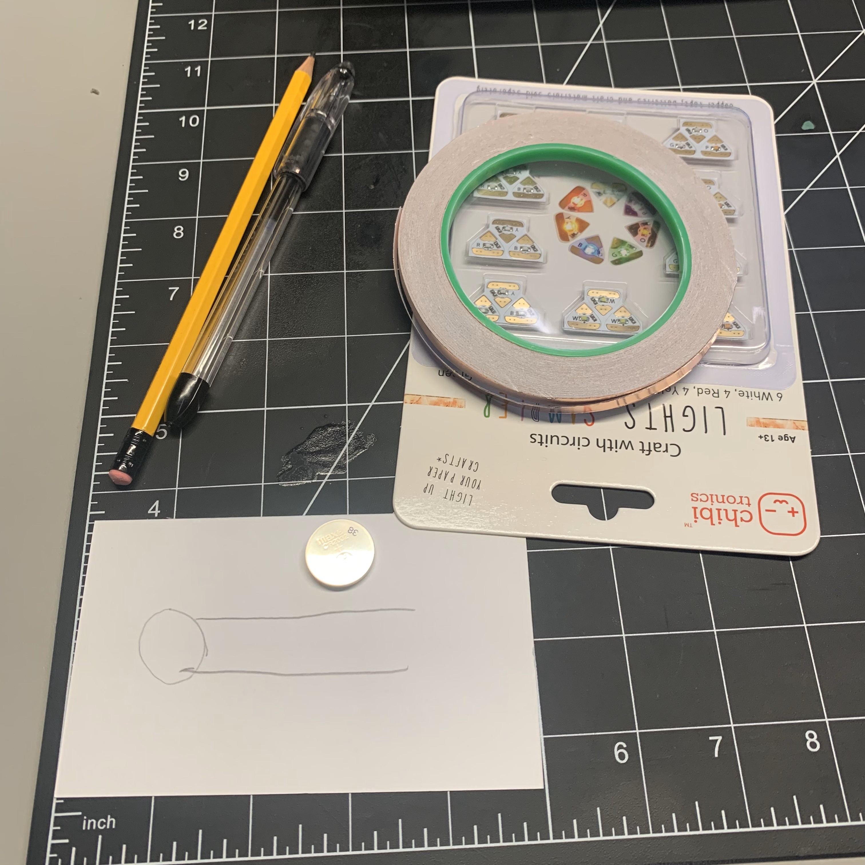 Gathered all materials to create my first circuit using Copper Tape.