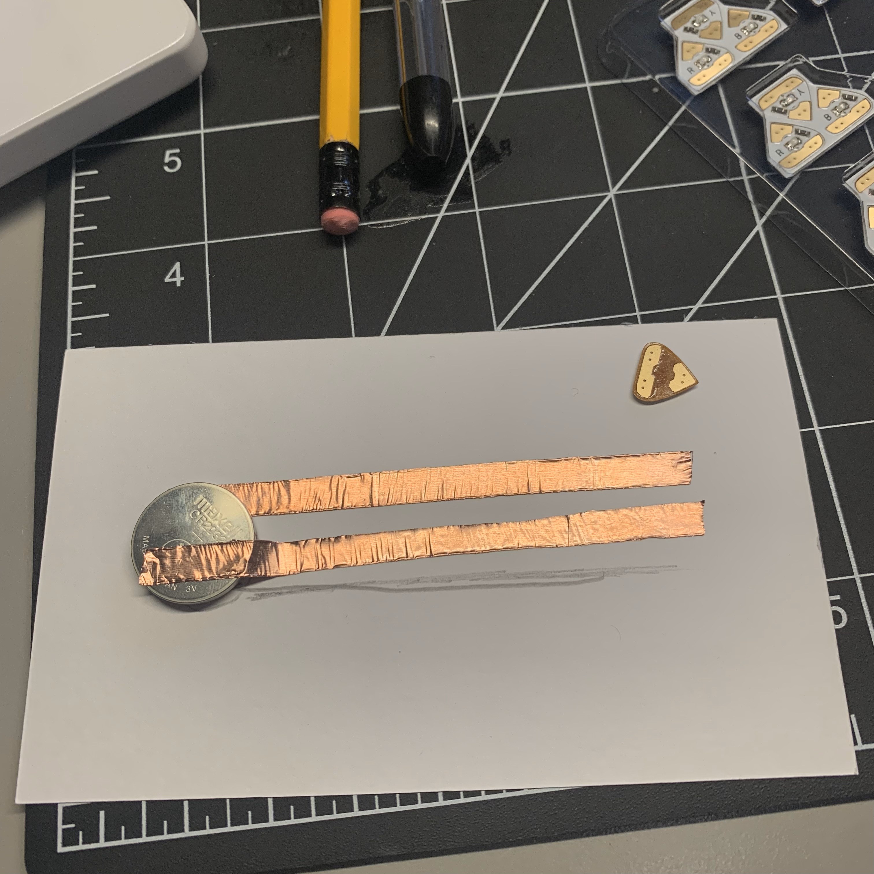 Placed the battery in the correct position and applied Copper Tape to the top as it is the positive side of the battery.