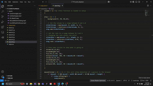 Similar to the sliders, the slim circles control the speed and volume of sound tied to the user mouse movements.