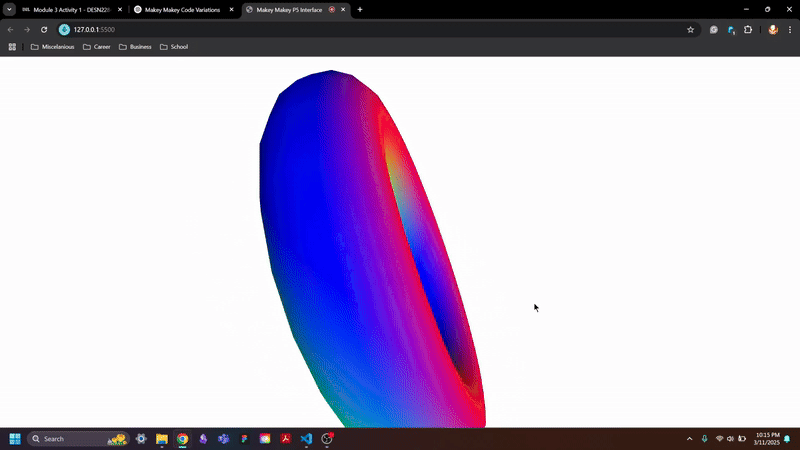 Upon clicking it will change the camera angle of the 3D object and instead of the shape being a shade of black it is an RGB donut.