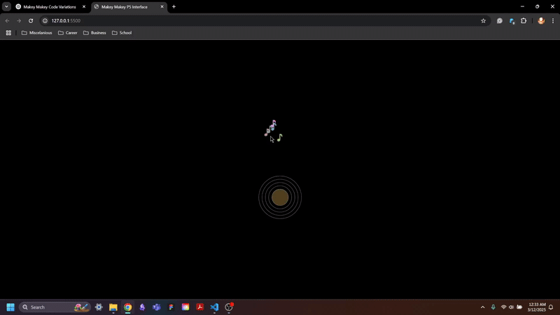 Clicking will generate P5 sketches that appear as music notes, pressing inside the music disc will change the canvas colour slowly.