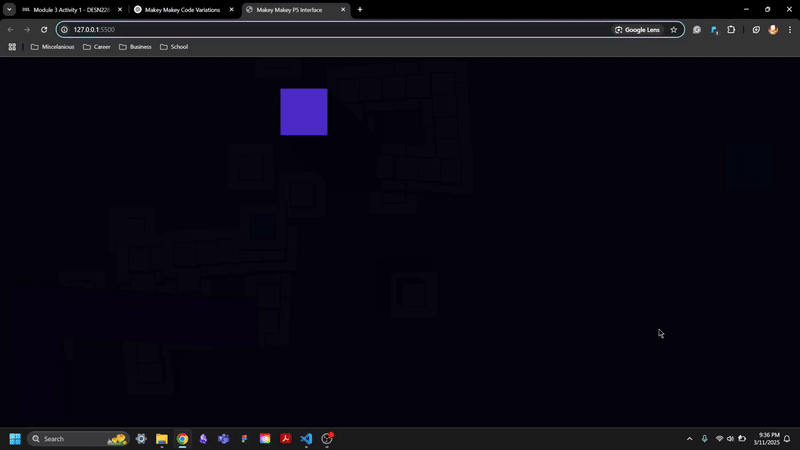 Arrow keys move it up, down, left, or right and leave a trail of smaller squares behind it. Upon click it will change the poisiton and colour as well.