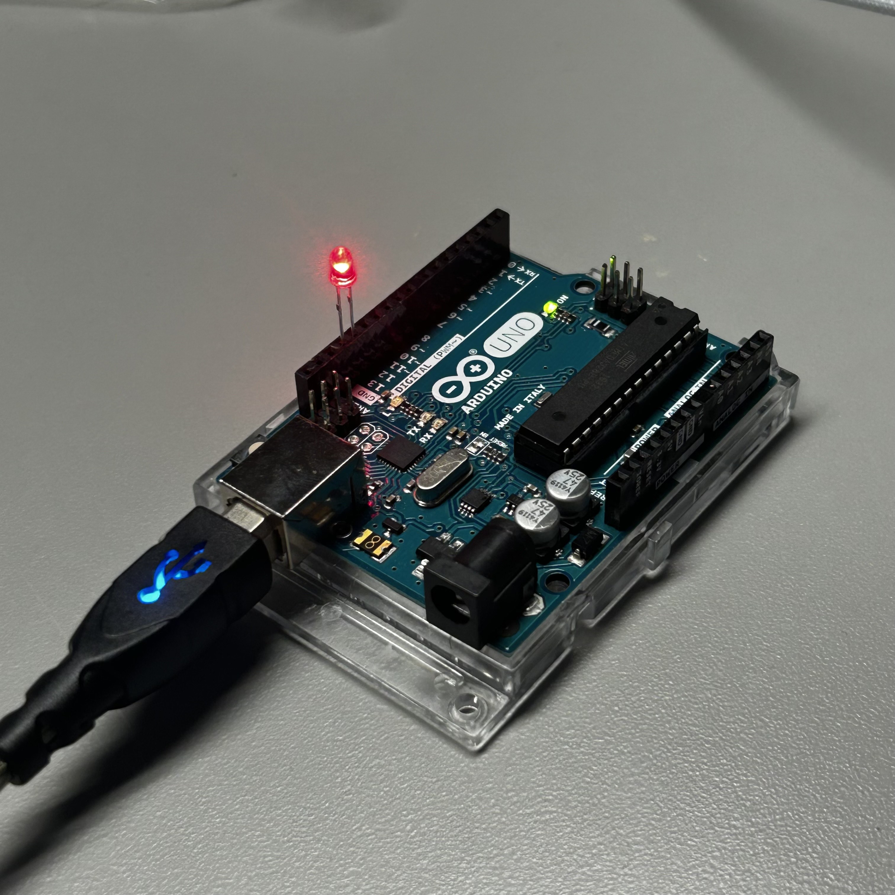 Here is an image of me testing out my first successful connection with the arduino and the red LED light.