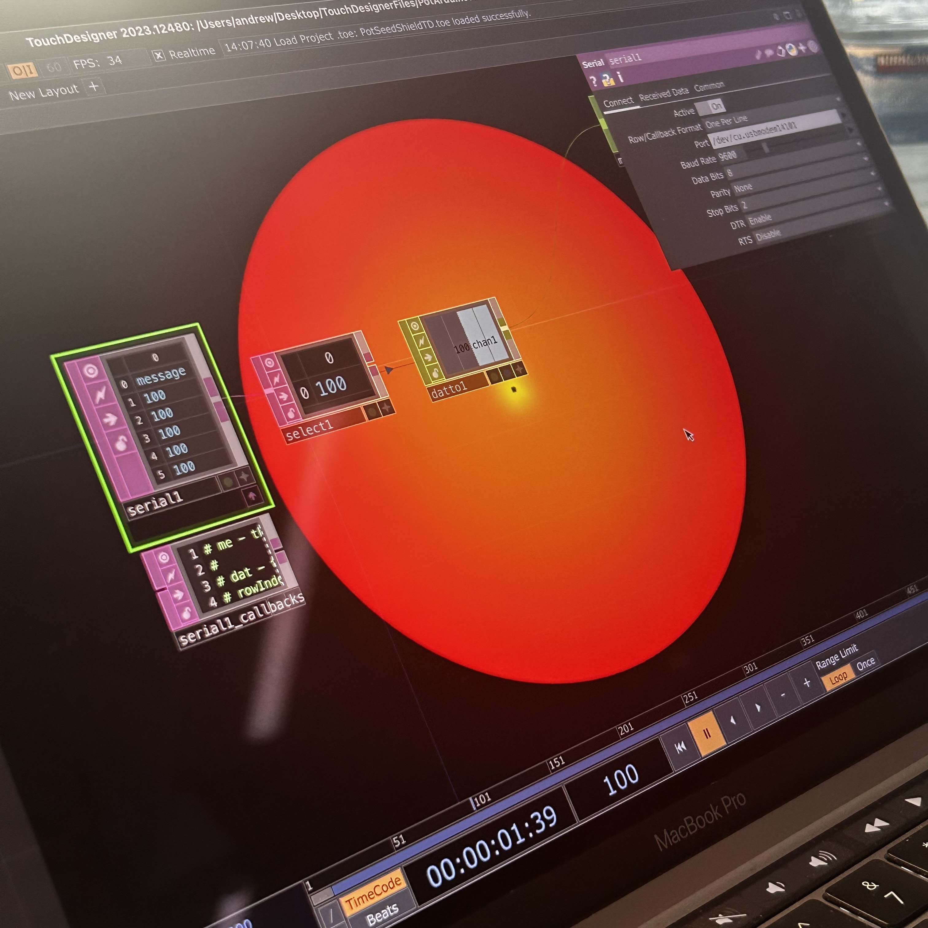 Here is an image of when we first tested the TouchDesign folder that was on Teams and then further explore how to make the sphere in the middle of the screen.