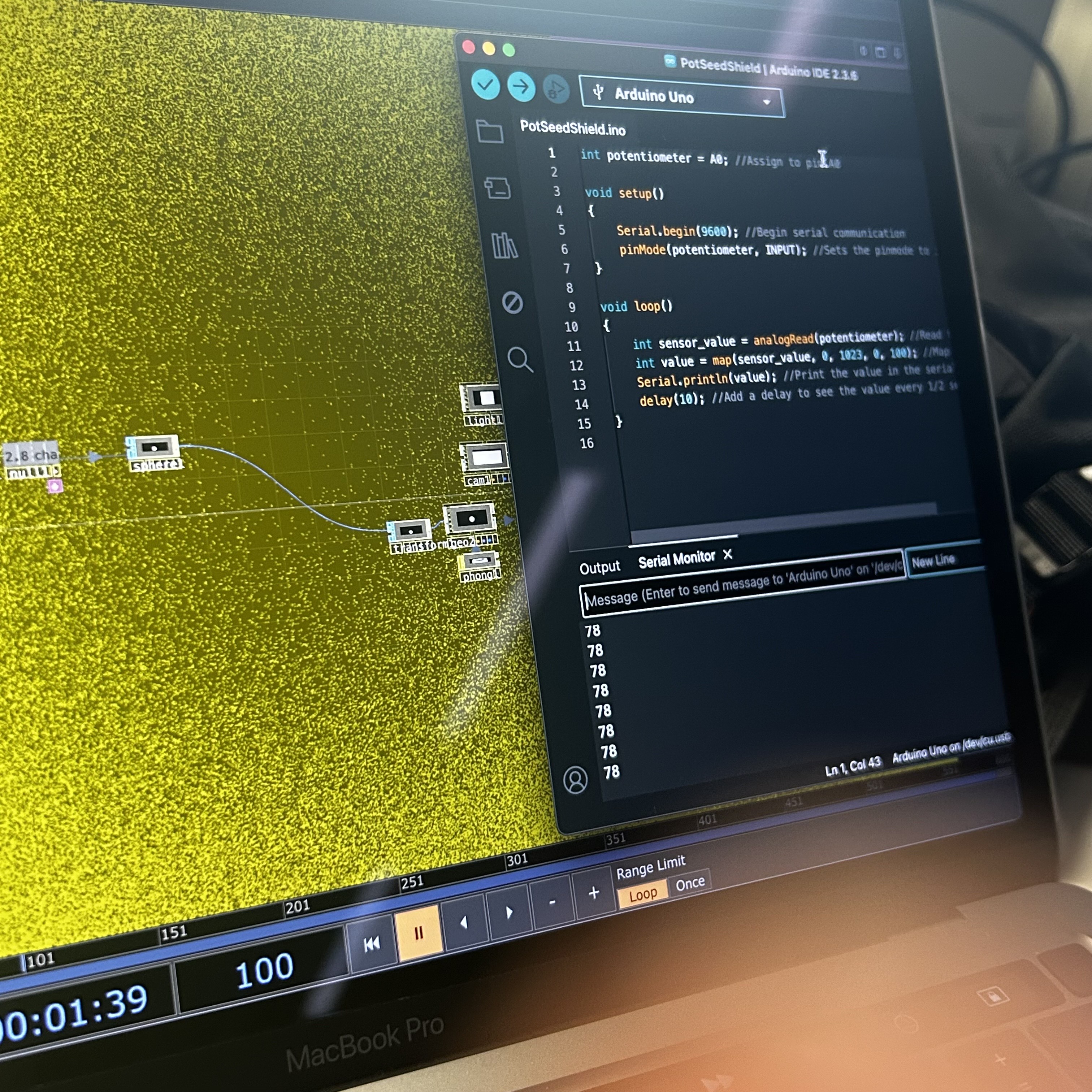 A photo representing the visual change in the sphere size on the Serial Monitor in the Arduuino IDE.