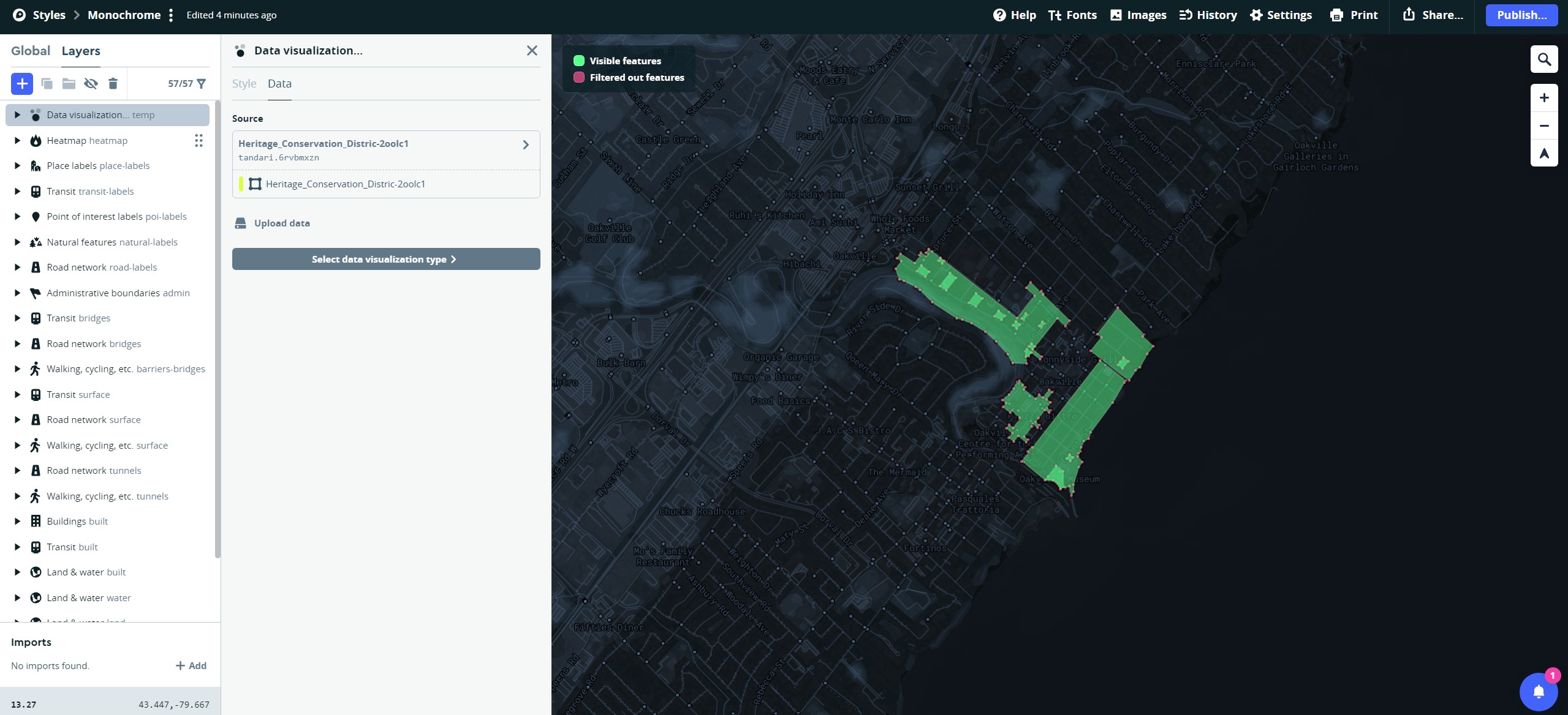 Displaying to the viewer the different Heritage Conservation District Areas in Oakville.