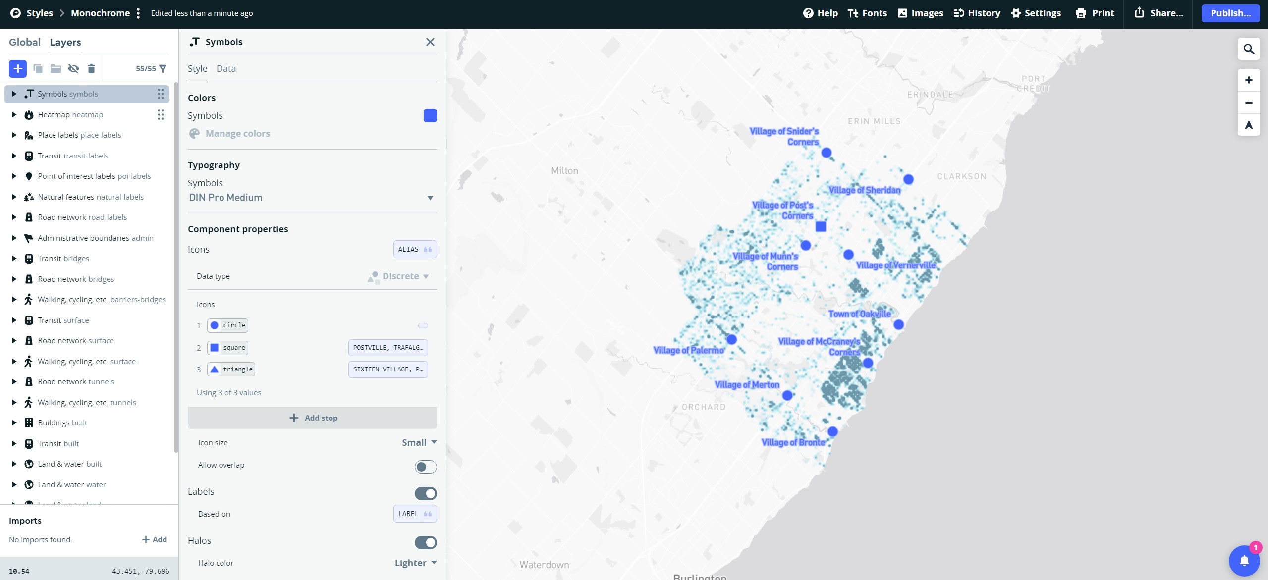 Displays the names of the surrounding villages in Oakville.